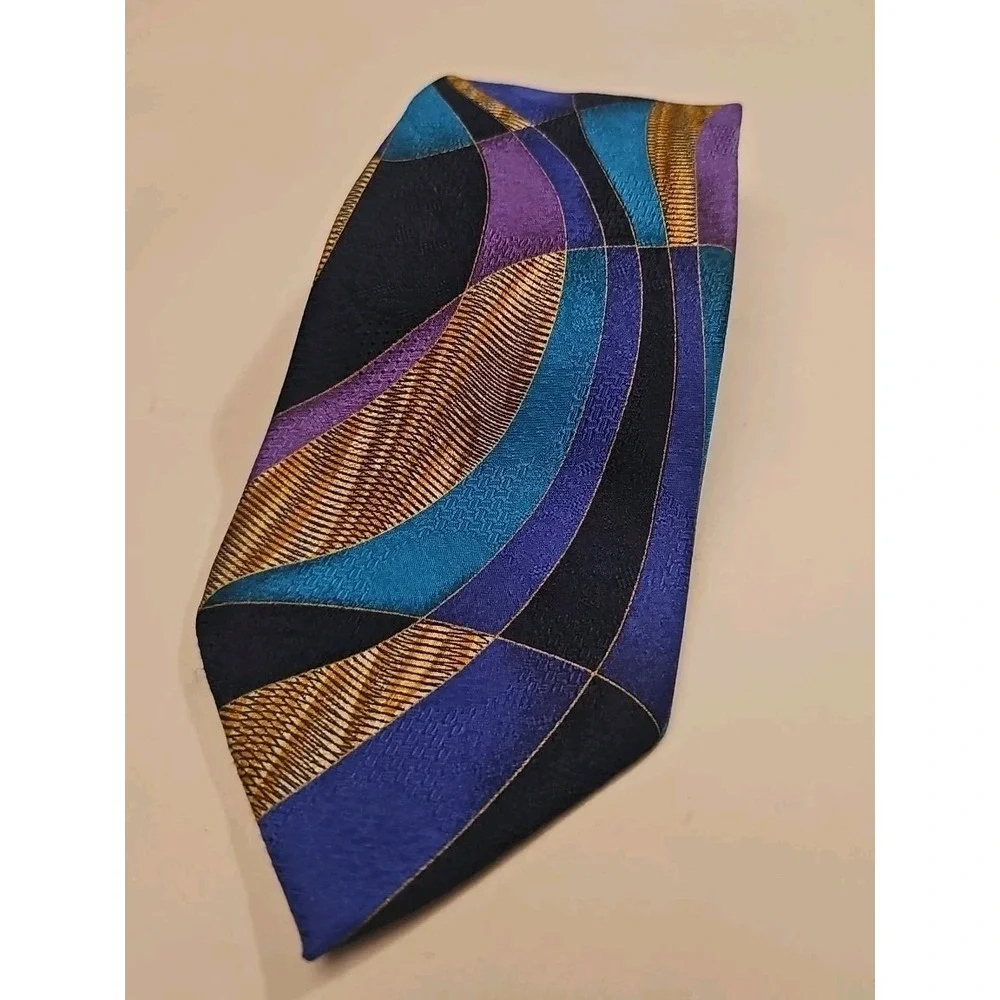 Stefano Milano Mens Neck Tie 100% Silk Hand Italy Black Yellow Purple Geometric
